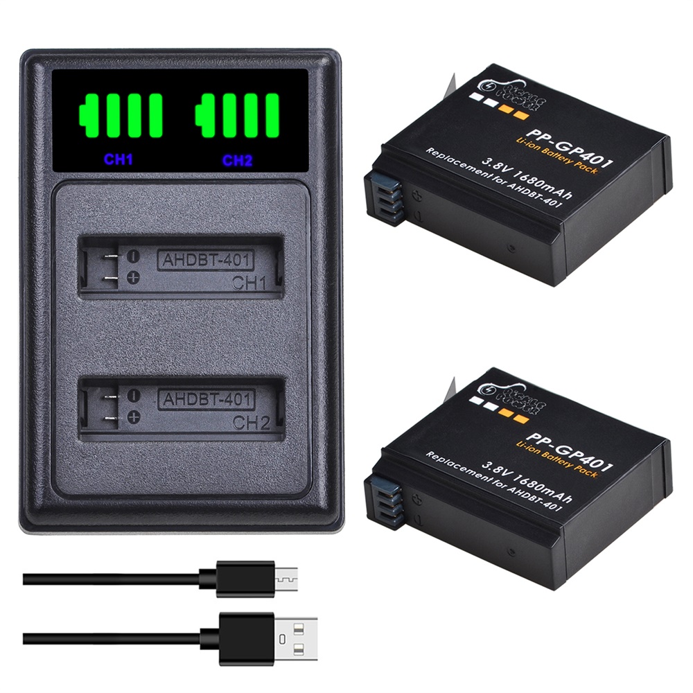 Action Camera Battery Charger Dual Pack - Аккумулятор AHDBT-401, 1680 мАч для Gopro